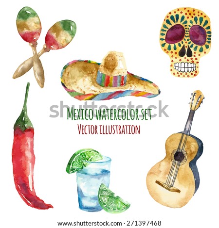 Travel Concept Mexico Landmark Watercolor Icons Design .Vector Illustration.