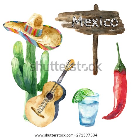 Travel Concept Mexico Landmark Watercolor Icons Design .Vector Illustration.