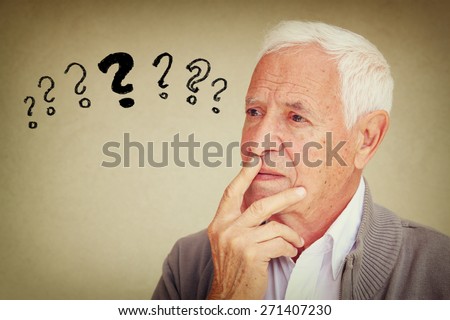 image of senior man thinking with set of question marks icons Royalty-Free Stock Photo #271407230