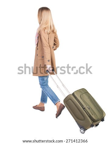 back view of walking  woman  with suitcase. beautiful girl in motion.  backside view of person.  Rear view people collection. Isolated over white background. traveling teen girl
