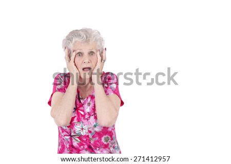 Old woman acting surprised against a white background