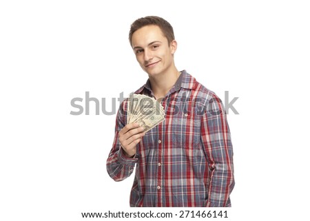 Portrait of smiling student holding US currency bills