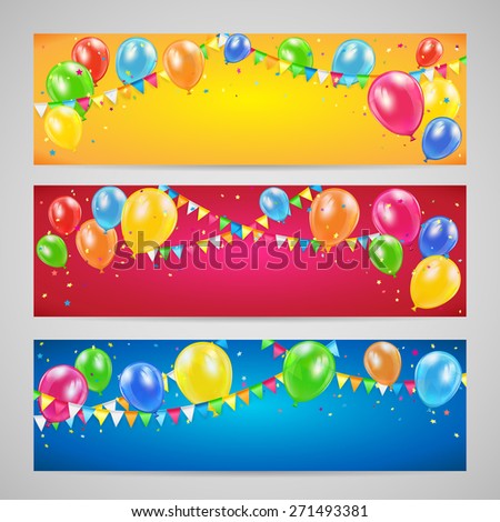 Three holiday banners with colorful balloons, pennants and confetti, Birthday background, illustration.