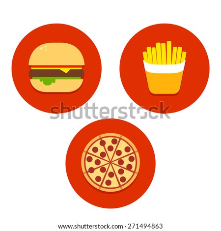 Three flat vector fast food icons: burger, french fries and pizza.