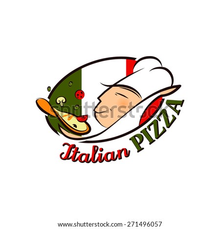 Cartoon Logo Pizza Chef In Front Of Flag Of Italy For Your Design
