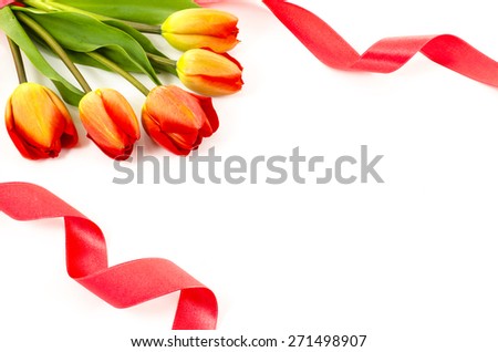 Empty postcard background with colorful flowers and red ribbon