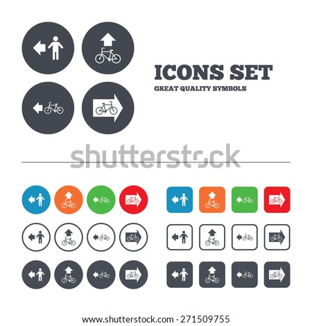 Pedestrian road icon. Bicycle path trail sign. Cycle path. Arrow symbol. Web buttons set. Circles and squares templates. Vector