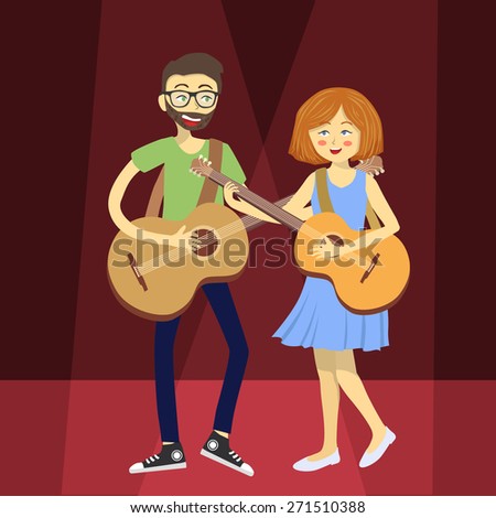 Couple Guitarist in Red Spotlight. Girl and boy playing guitar together.