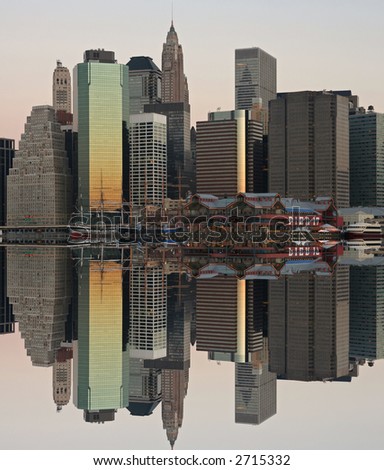 Lower Manhattan and reflection at sunrise