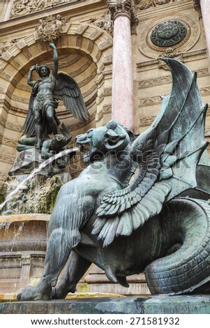 Winged lion, Fontaine Saint-Michel, Paris, France. Popular architectural historical landmark