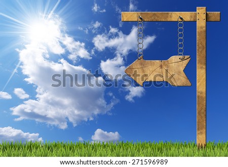 Wooden Directional Sign - One Arrow with Chain. Wooden directional sign with one empty arrow hanging with metal chain on a wooden pole on blue sky with clouds, sun rays and green grass