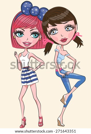 Vector illustration of two cute girls on a white