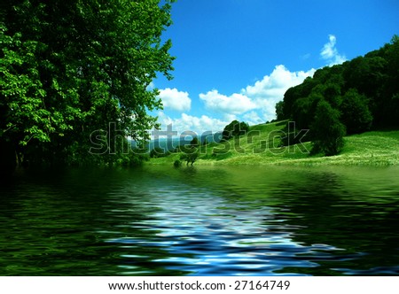 beautiful mountain valley reflection on river surface