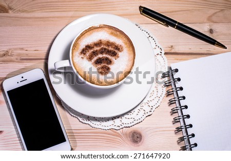 Coffee with WiFi symbol on the table 