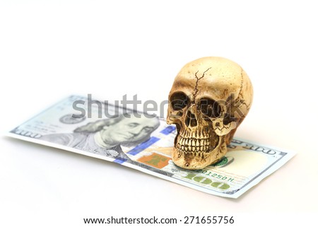 Skull and money on white background