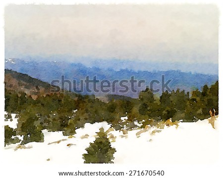water color illustration snowy mountains