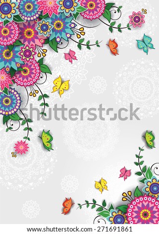 Geometric floral background with butterflies-transparency blending effects and gradient mesh-EPS 10