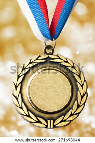 Metal medal with tricolor ribbon in closeup