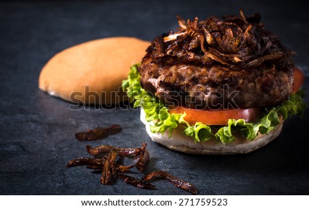 Beef burger with grilled onion on top,selective focus