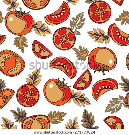 Seamless tomato pattern. Food design element. Kitchen wallpaper. Vegetable background. Tomato and herb.