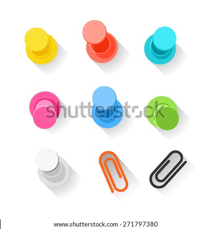 Color pins and clips collection isolated on white. Flat design elements clip-art