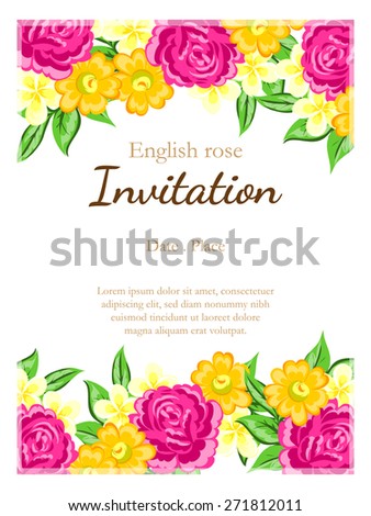 English rose. Romantic botanical invitation. Greeting card with floral background.