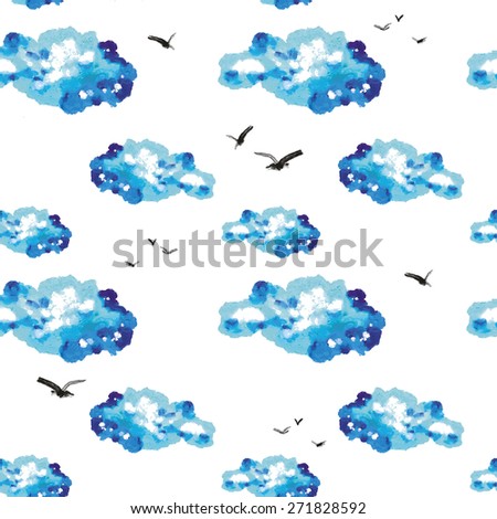 wonderful clouds and raindrops painted watercolor. colorful illustration. seamless texture pattern with a white background.
