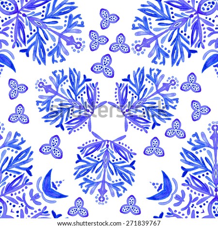 Seamless watercolor pattern. Textile ornament.  Blue snowflakes on a white background. Whimsical frosty the stylized pattern of twigs.