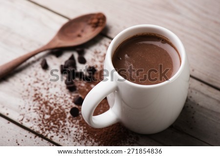 closeup hot chocolate in white mug (shallow depth of field) Royalty-Free Stock Photo #271854836