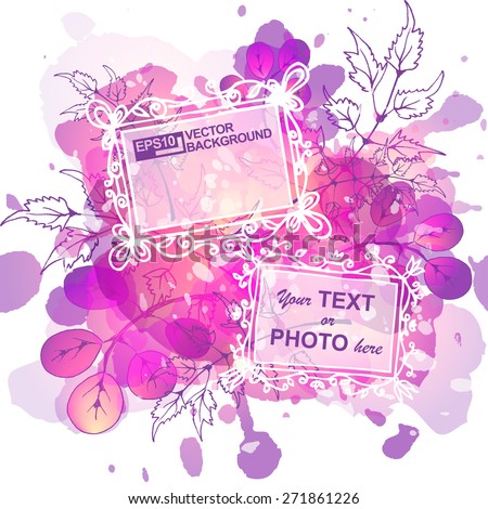 White hand drawn square frame on pink watercolor splash background with leaves. Artistic vector design for banners, greeting cards, spring sales.