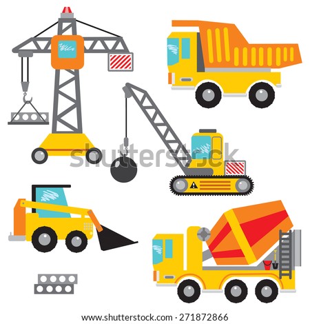 Vector set clip art construction machinery.Tower crane, dumper, crawler crane,bulldozer,concrete mixer. Many construction machines and cars have in my portfolio.