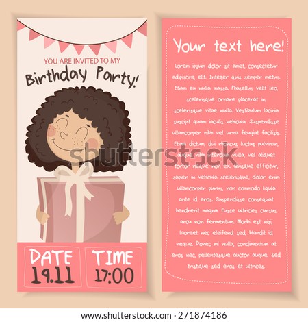 Cute vector Birthday card with a sweet girl with present