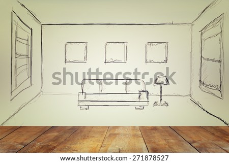 front view of wooden floor and room interior sketch