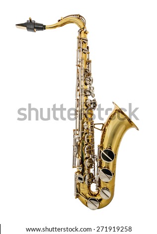 Golden Tenor Saxophone isolated on white background. Golden Tenor Sax with silver keys or buttons. Mouthpiece with reed. Royalty-Free Stock Photo #271919258