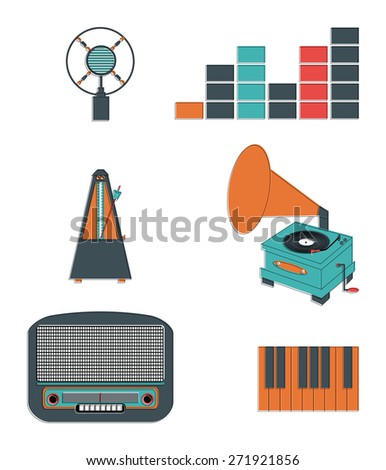 Music players and components including  vintage microphone, sound and tune indicators, metronome, piano keys, gramophone, piano keys , retro radio
