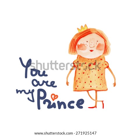 Girl red in polka dot dress and crown. Prince. Vector