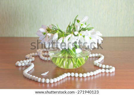 Bouquet of snowdrops standing on a table in  glass vase. Still life.