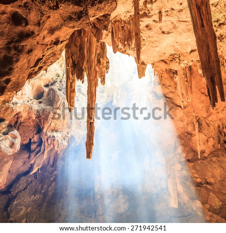 Sun beam in cave and Sun rays in  phetchaburi Thailand