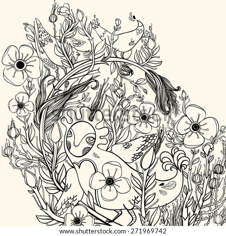 Vector decorative floral background, illustration with gorgeous ornamental frame. Pattern with unique flowers, birds and fabulous creatures. Can be used as greeting card, invitations, postcard.