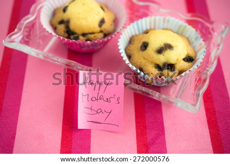 Appreciation to Happy Mother's Day with cupcake and text message  Happy Mothers Day greeting card with love you mom sticky note on pink striped background
