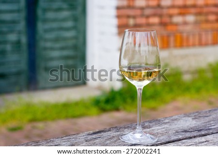 Image of a wine glass with 2014 Riesling in it. Focus on wine glass with blurred background and copy space on left