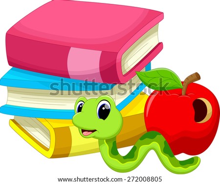 Illustration of books apple and worm