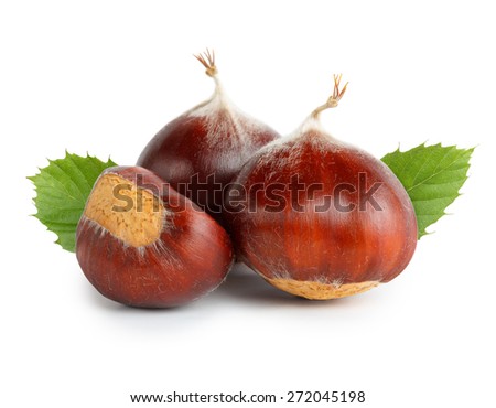 Chestnuts with chestnut leafs isolated on white Royalty-Free Stock Photo #272045198