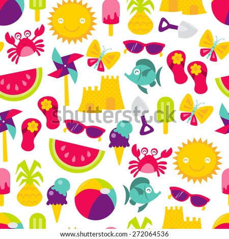 A retro vector illustration of cute summer time fun theme seamless pattern background. 