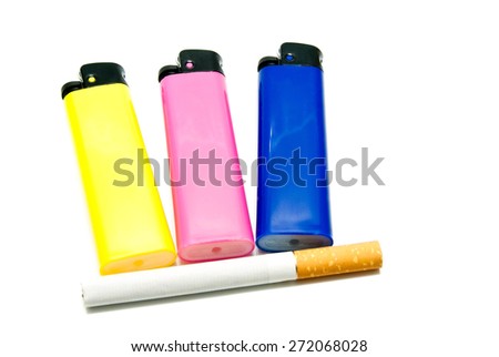 one cigarette and three lighters closeup on white