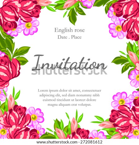 English rose. Romantic botanical invitation. Greeting card with floral background.

