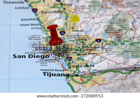 Map with pin point of San Diego in California USA
