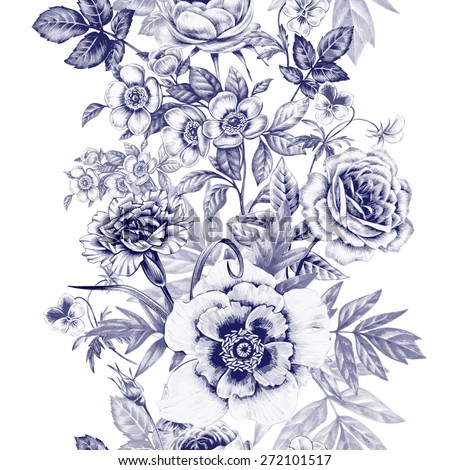 Vector seamless pattern. Rose, peony, carnations, pansies. Design for fabrics, textiles, paper, wallpaper, web. Vintage. Floral ornament. Black and white. Royalty-Free Stock Photo #272101517