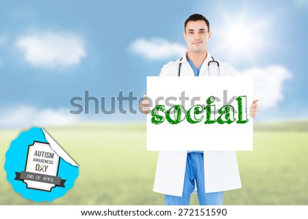 The word social and portrait of a doctor holding a blank panel against sunny green landscape