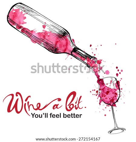 Sketch hand draw vector wine illustration - wine pouring from a bottle into a glass. Watercolor splashes and stamps with sketched wineglass, bottle, isolated on white Royalty-Free Stock Photo #272154167